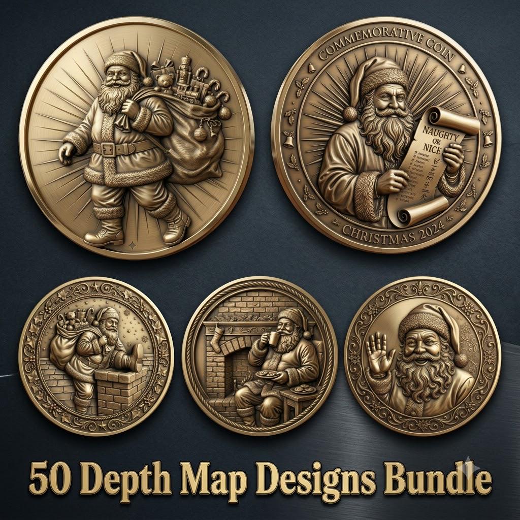 Santa Claus Christmas Laser Relief, Coin Engraving, Depth Map Design Bundle
