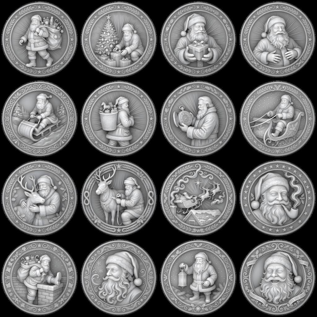 Santa Claus Christmas Laser Relief, Coin Engraving, Depth Map Design Bundle