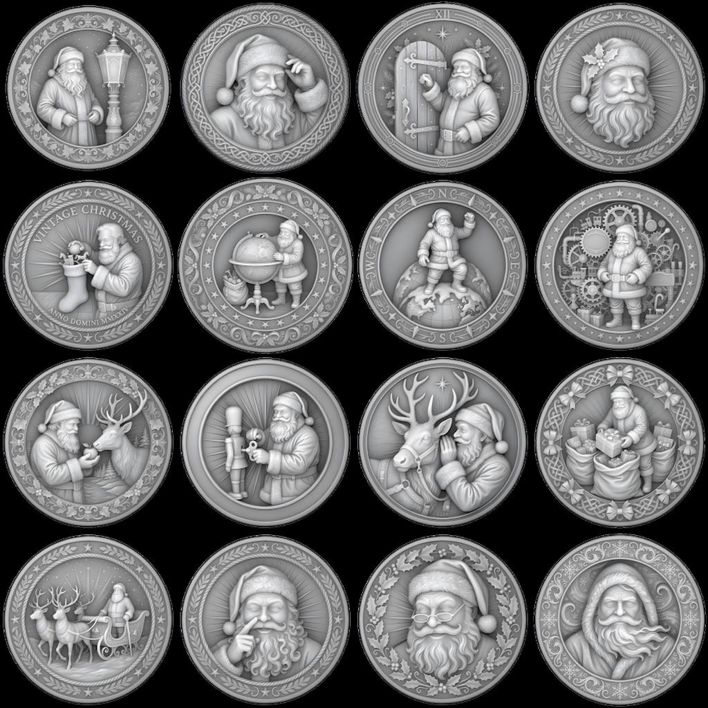 Santa Claus Christmas Laser Relief, Coin Engraving, Depth Map Design Bundle