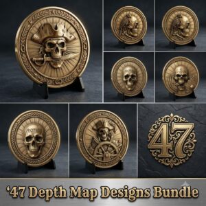 Skull, Norse Laser Engraving Depth Map, Pirate Biker Coin Relief Design