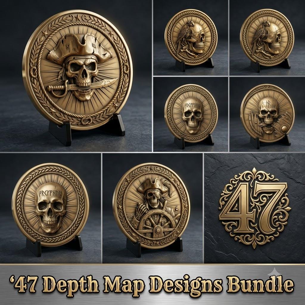 Skull, Norse Laser Engraving Depth Map, Pirate Biker Coin Relief Design