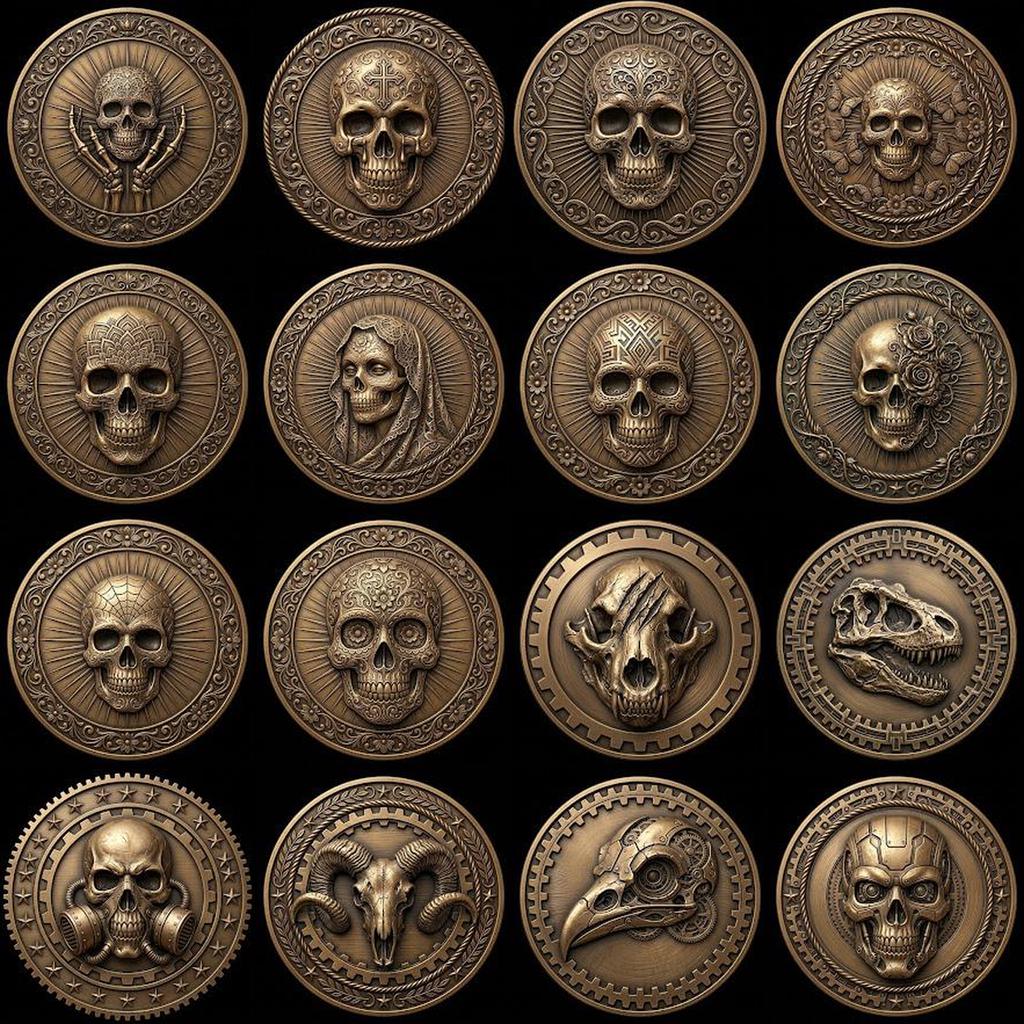 Skull, Norse Laser Engraving Depth Map, Pirate Biker Coin Relief Design