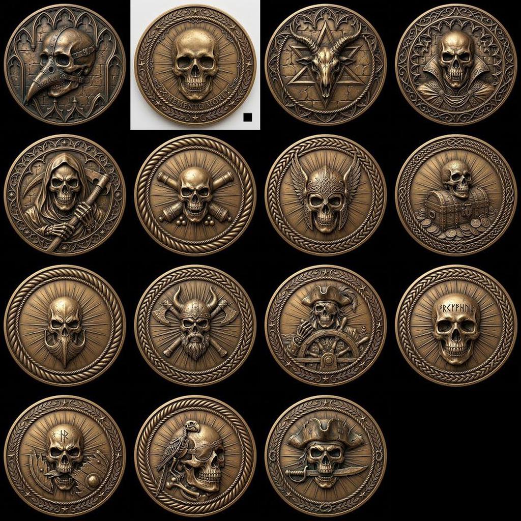Skull, Norse Laser Engraving Depth Map, Pirate Biker Coin Relief Design