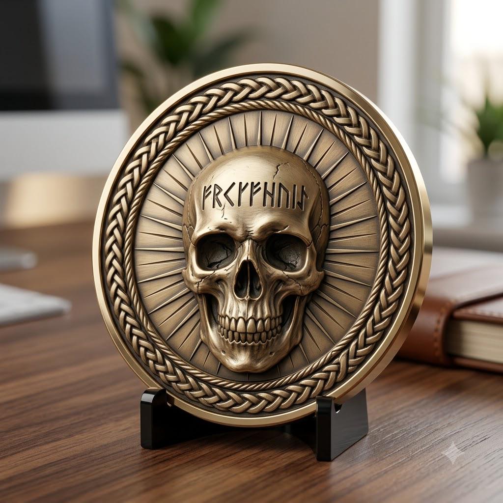 Skull, Norse Laser Engraving Depth Map, Pirate Biker Coin Relief Design