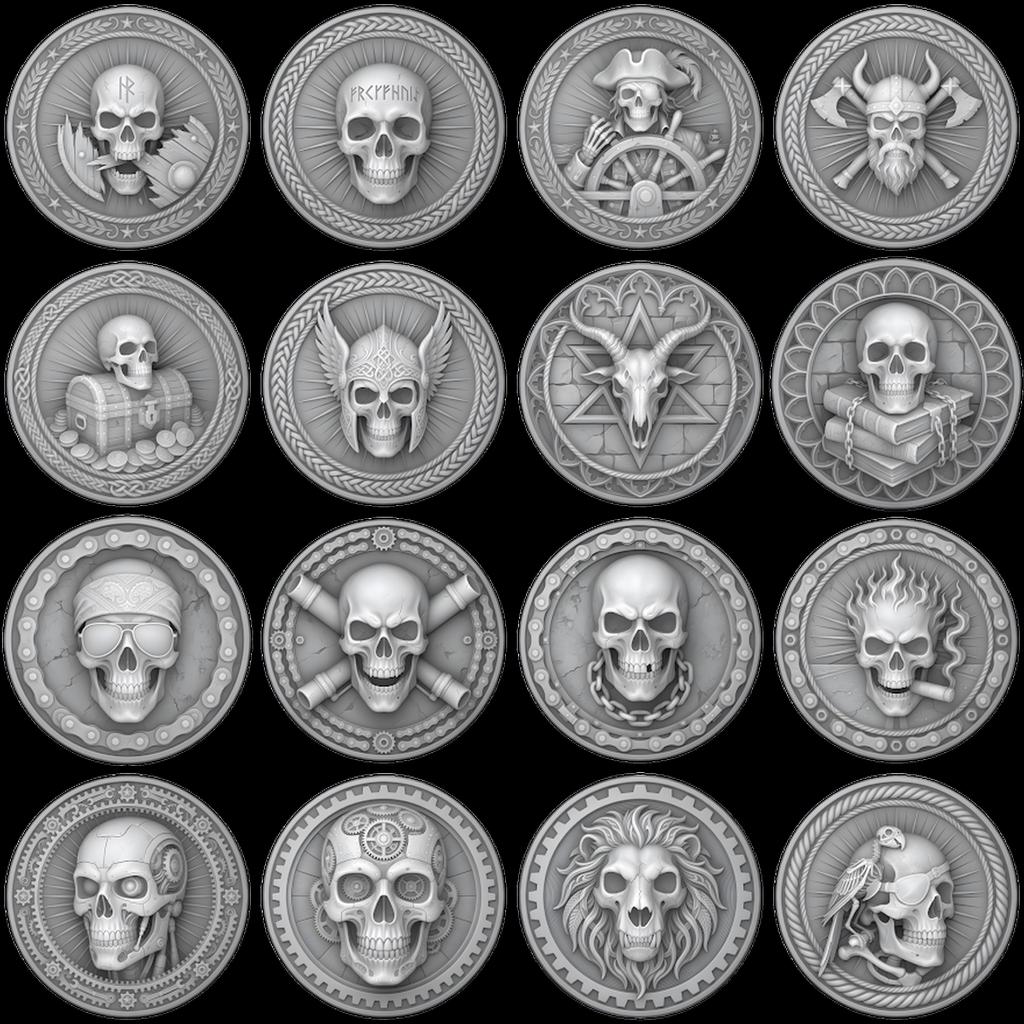 Skull, Norse Laser Engraving Depth Map, Pirate Biker Coin Relief Design