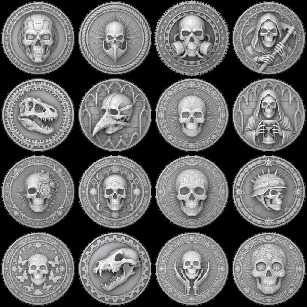 Skull, Norse Laser Engraving Depth Map, Pirate Biker Coin Relief Design