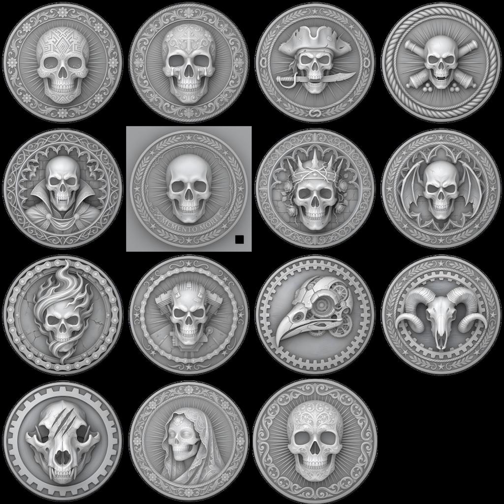 Skull, Norse Laser Engraving Depth Map, Pirate Biker Coin Relief Design