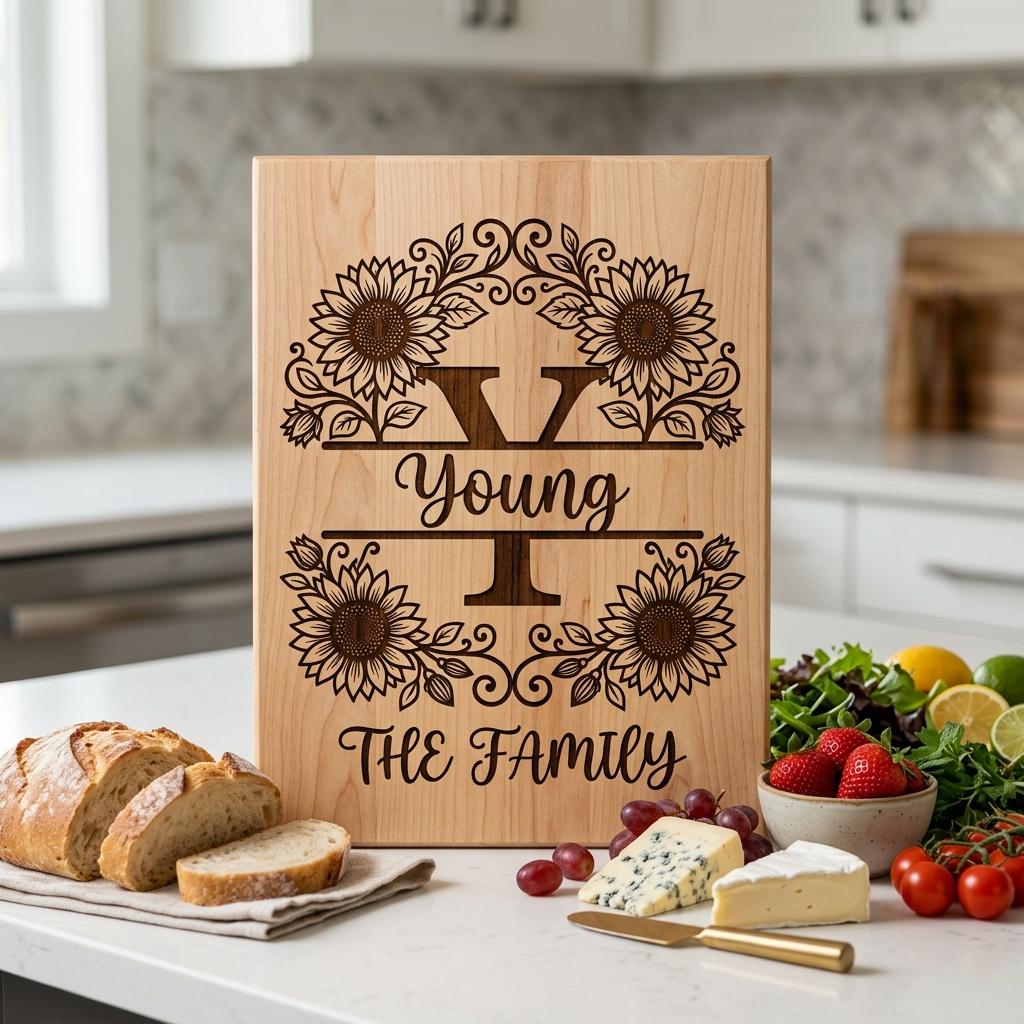 Sunflower Monogram Alphabet, Farmhouse Surname Board for Laser Engraving