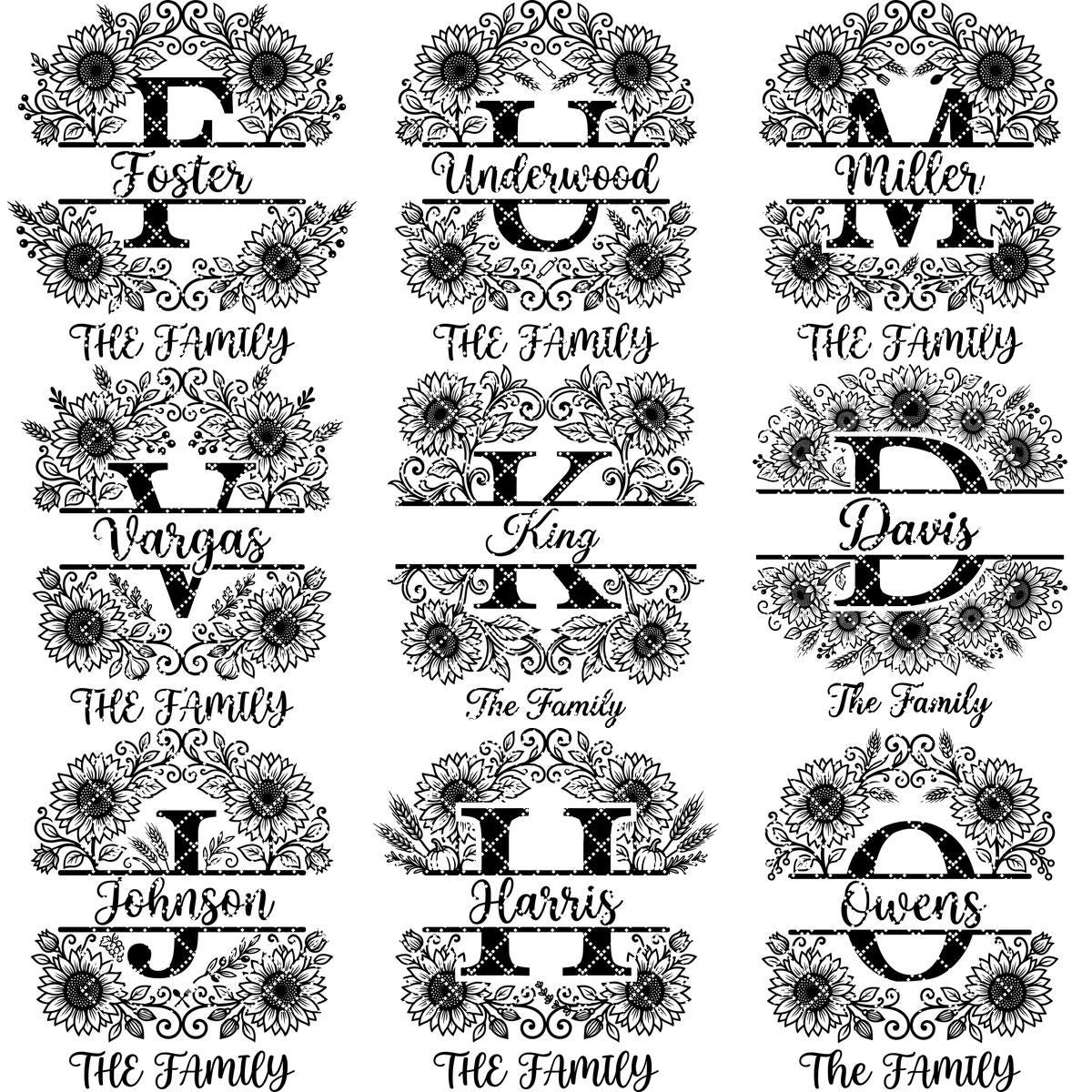 Sunflower Monogram Alphabet, Farmhouse Surname Board for Laser Engraving