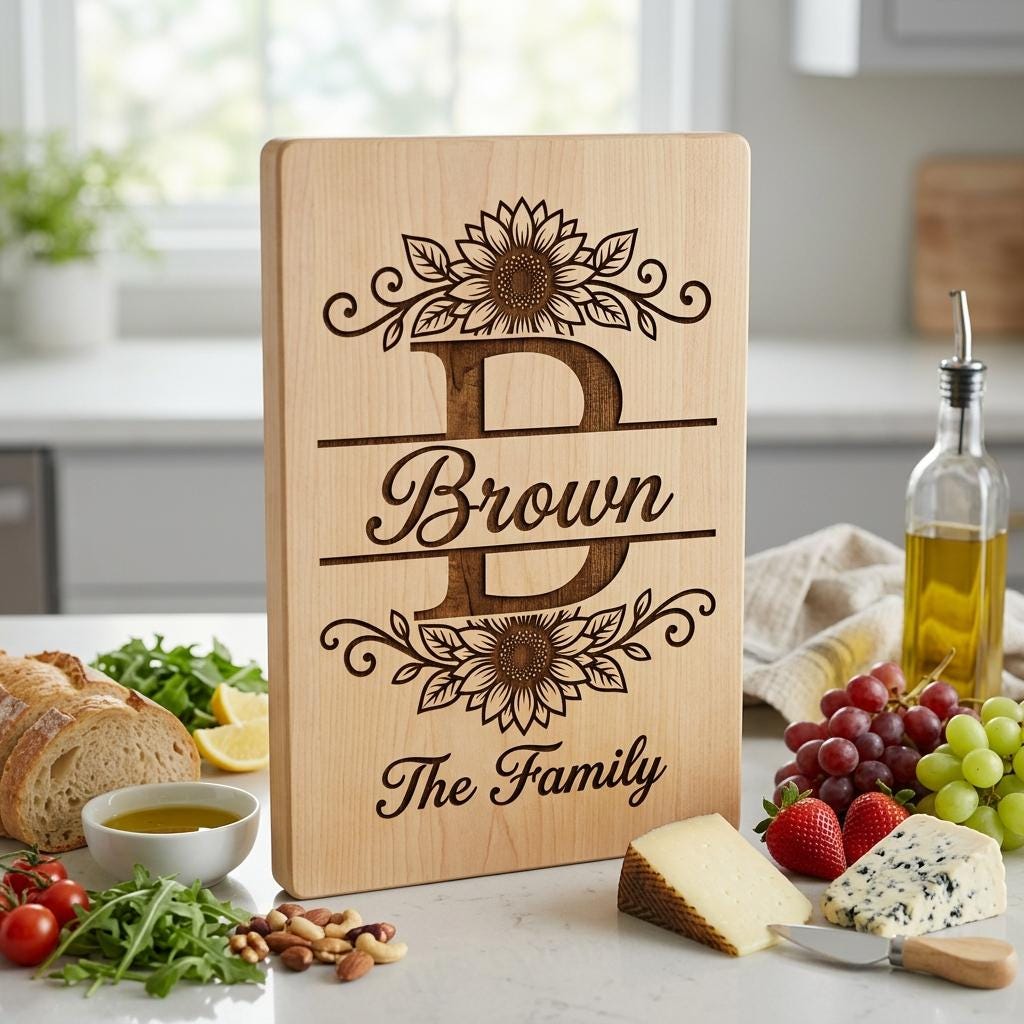 Sunflower Monogram Alphabet, Farmhouse Surname Board for Laser Engraving