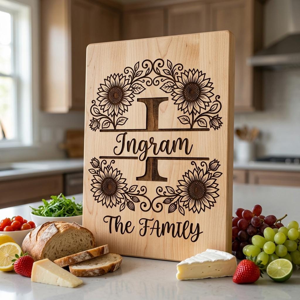 Sunflower Monogram Alphabet, Farmhouse Surname Board for Laser Engraving