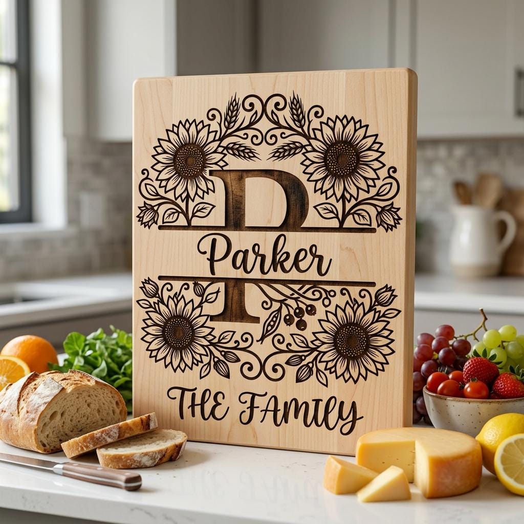 Sunflower Monogram Alphabet, Farmhouse Surname Board for Laser Engraving
