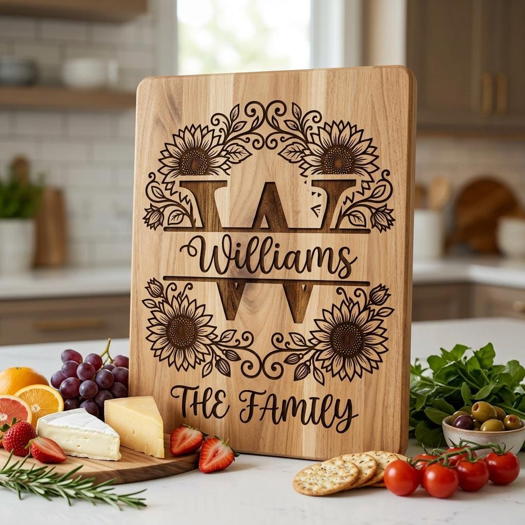 Sunflower Monogram Alphabet, Farmhouse Surname Board for Laser Engraving