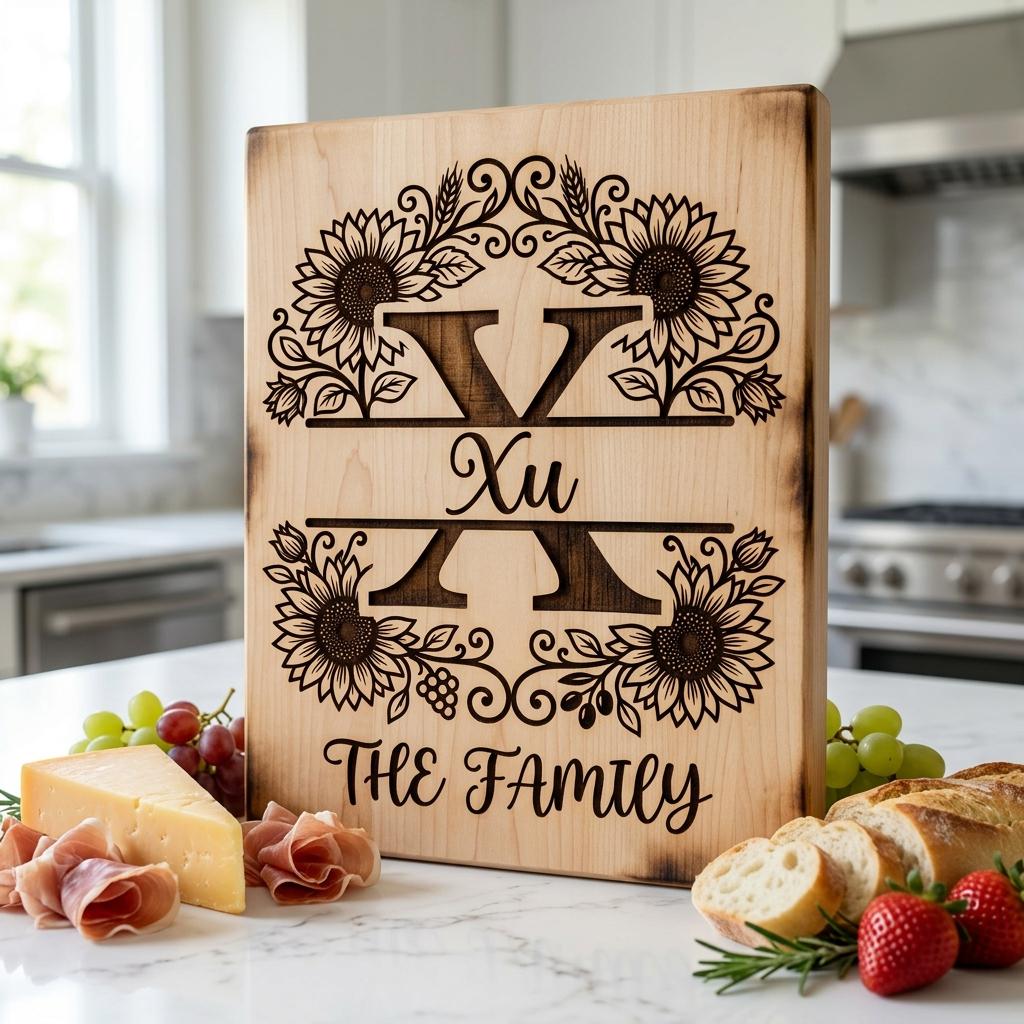 Sunflower Monogram Alphabet, Farmhouse Surname Board for Laser Engraving