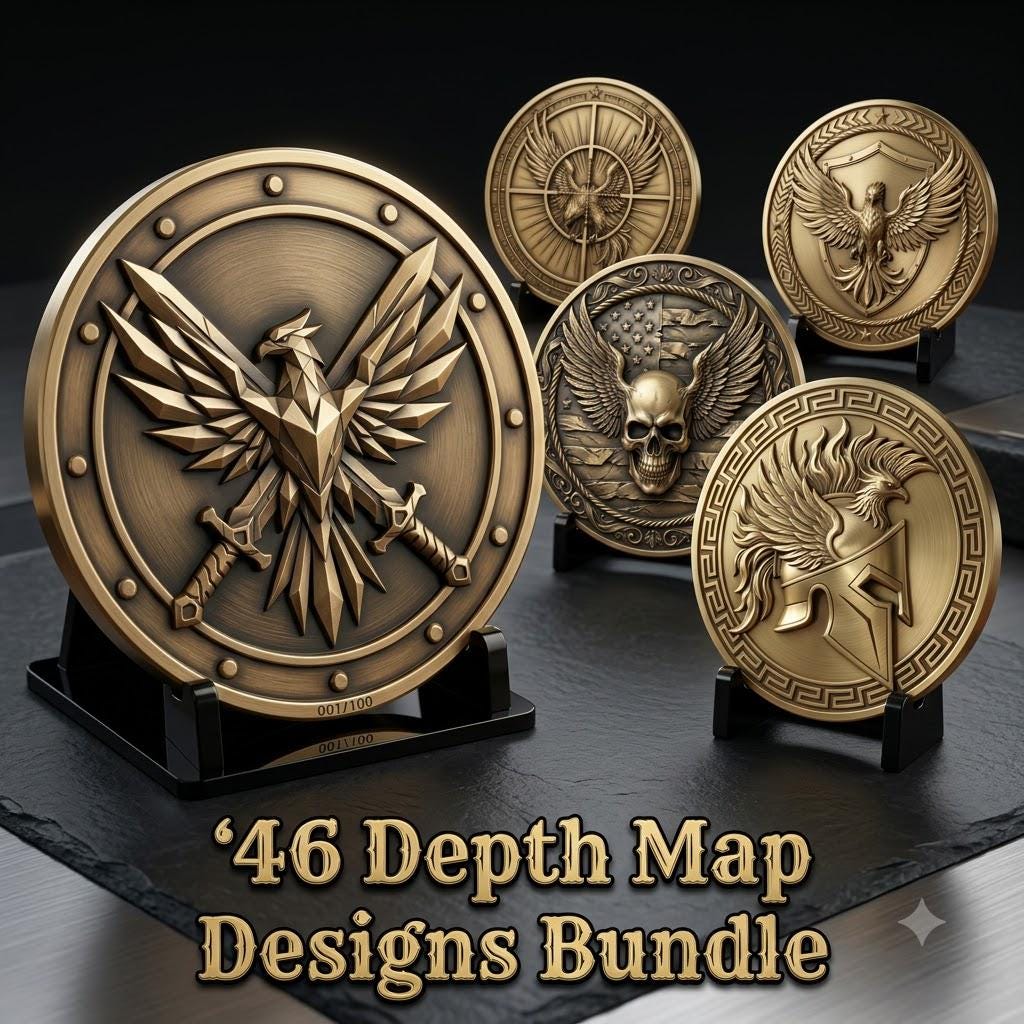 Tactical Phoenix Challenge Coin Depth Map, Laser Engraving Relief Graphic