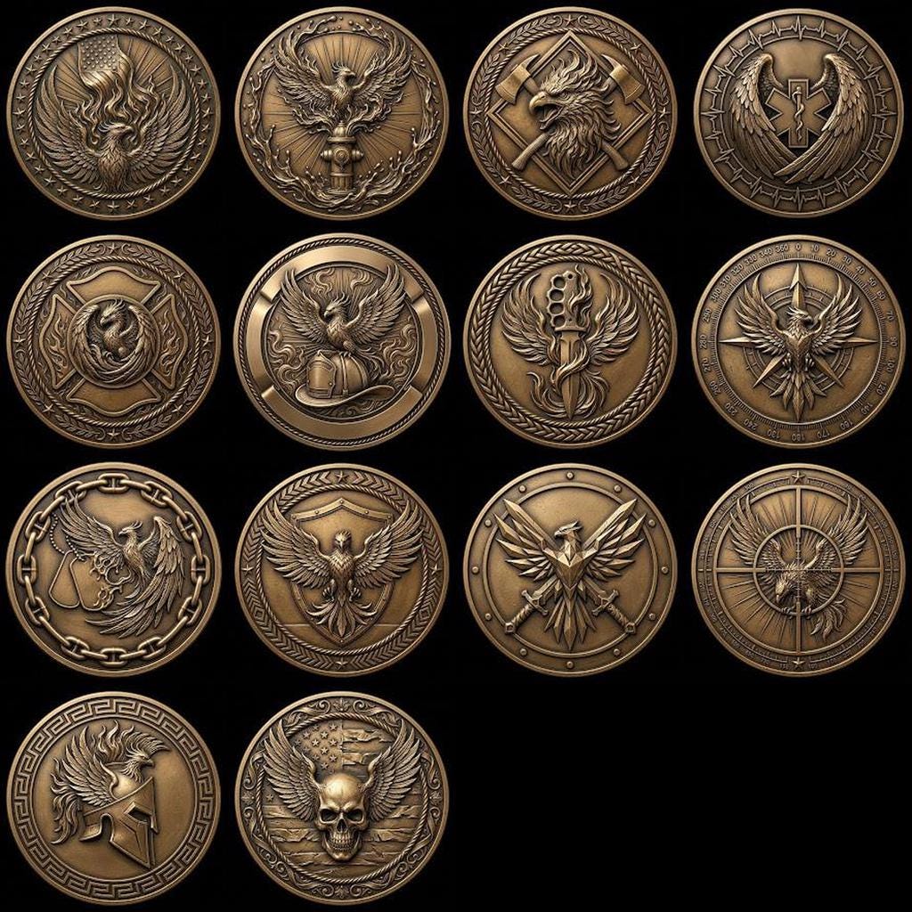Tactical Phoenix Challenge Coin Depth Map, Laser Engraving Relief Graphic
