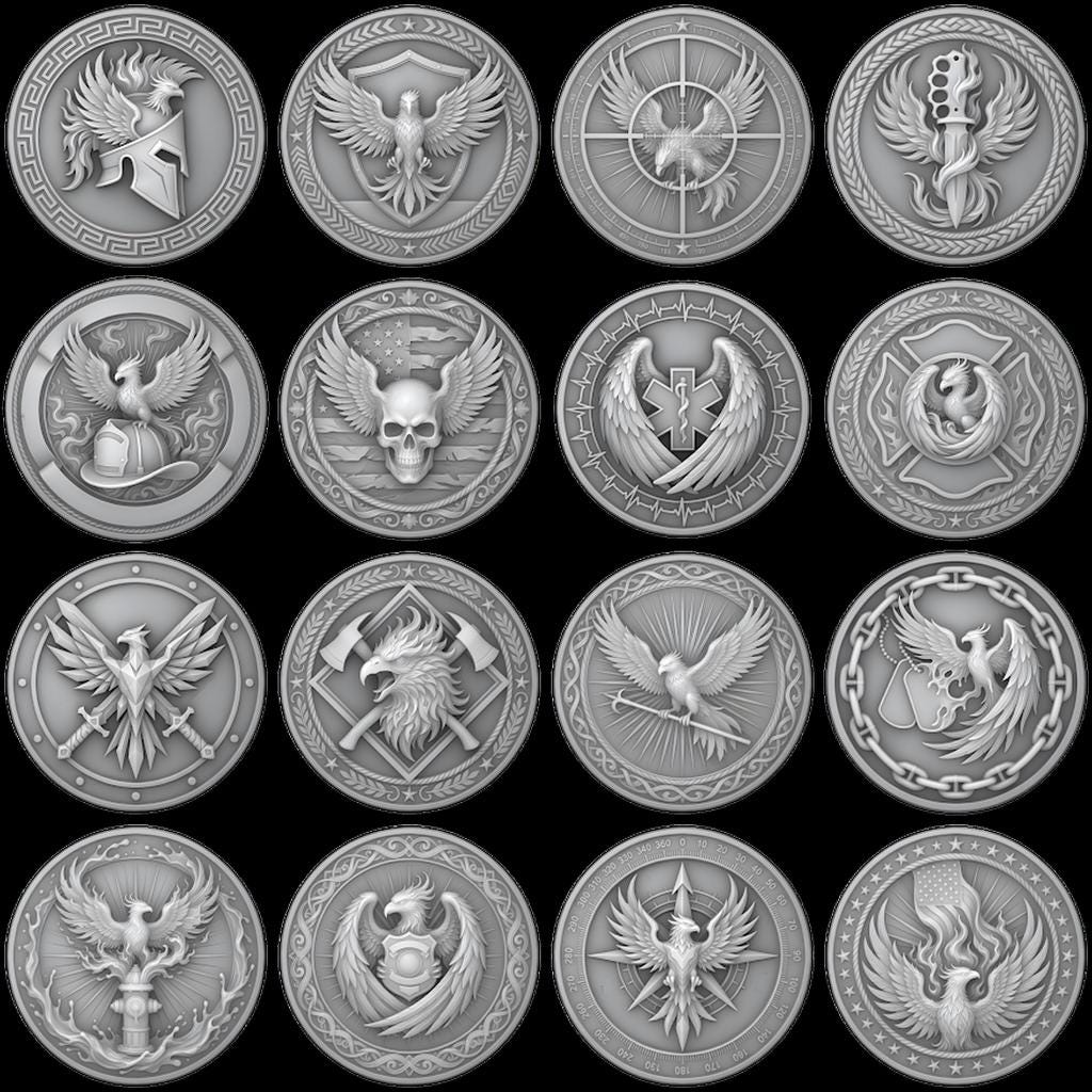 Tactical Phoenix Challenge Coin Depth Map, Laser Engraving Relief Graphic