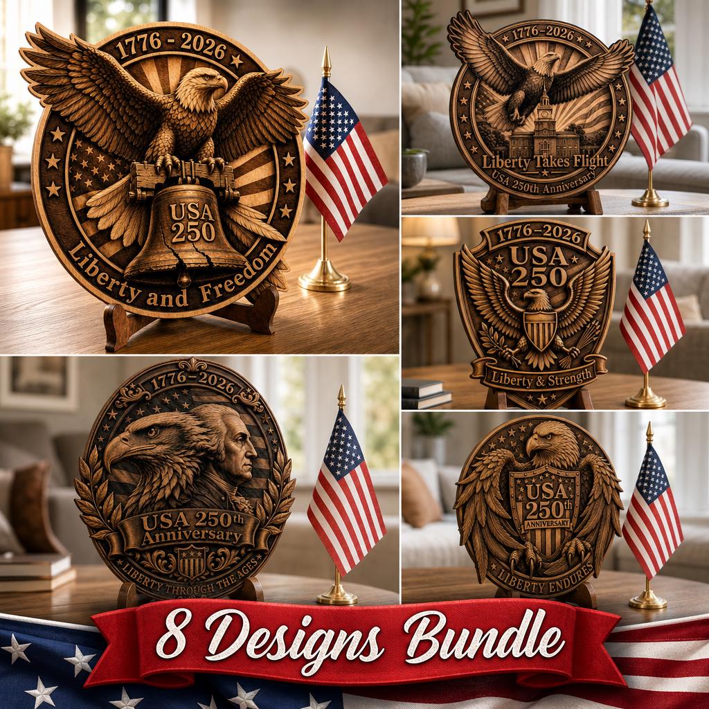 USA 250 Anniversary Guardian Eagle Laser Engraving, 3D Wood Plaque PNG
