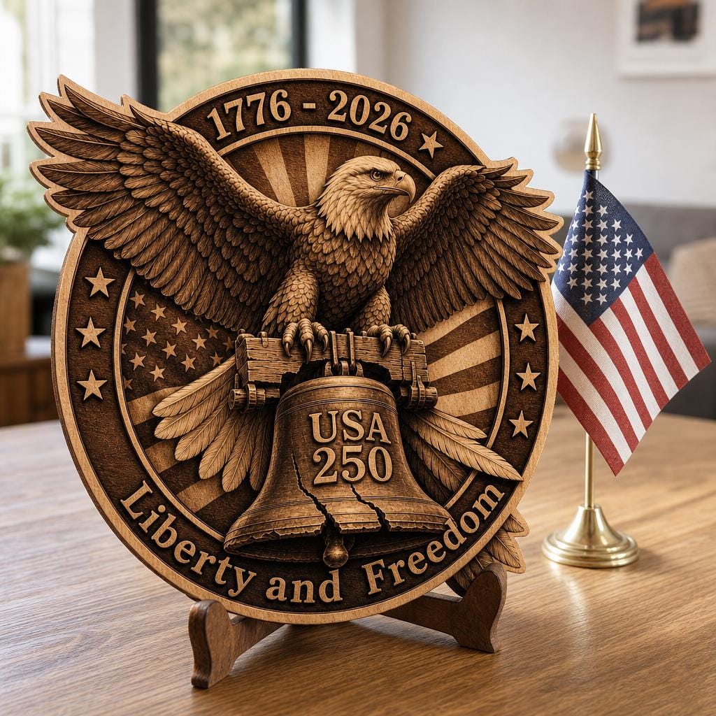 USA 250 Anniversary Guardian Eagle Laser Engraving, 3D Wood Plaque PNG