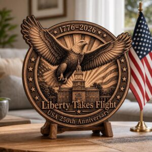 USA 250 Anniversary Guardian Eagle Laser Engraving, 3D Wood Plaque PNG