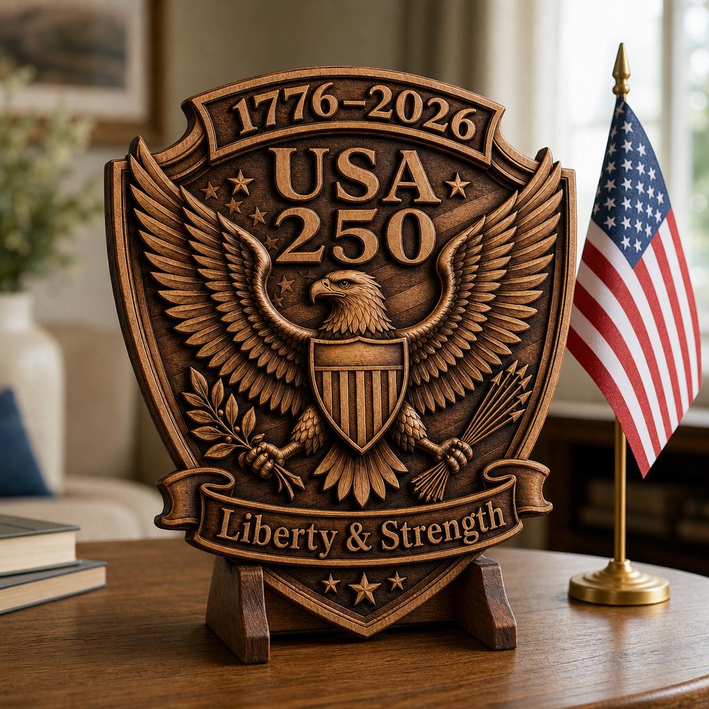 USA 250 Anniversary Guardian Eagle Laser Engraving, 3D Wood Plaque PNG