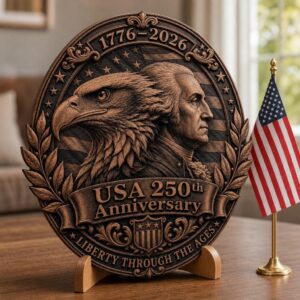 USA 250 Anniversary Guardian Eagle Laser Engraving, 3D Wood Plaque PNG