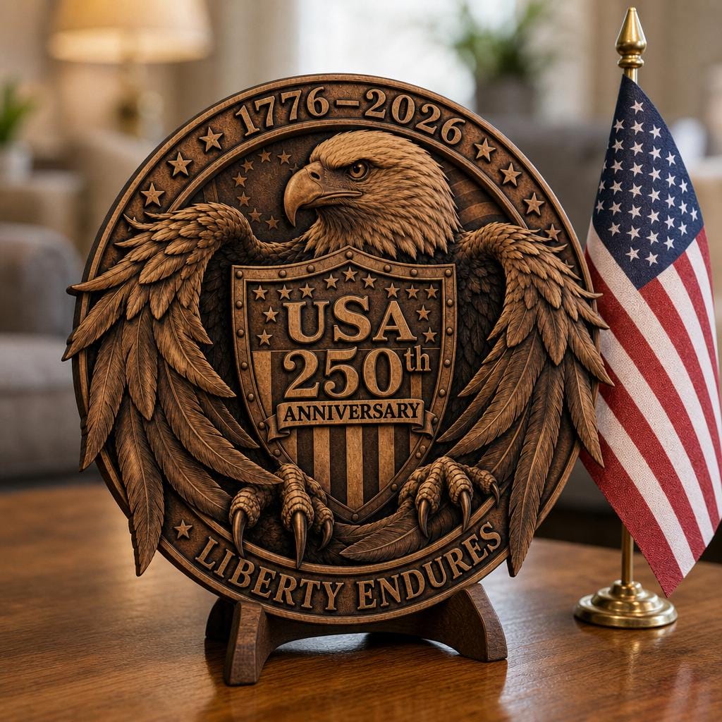 USA 250 Anniversary Guardian Eagle Laser Engraving, 3D Wood Plaque PNG
