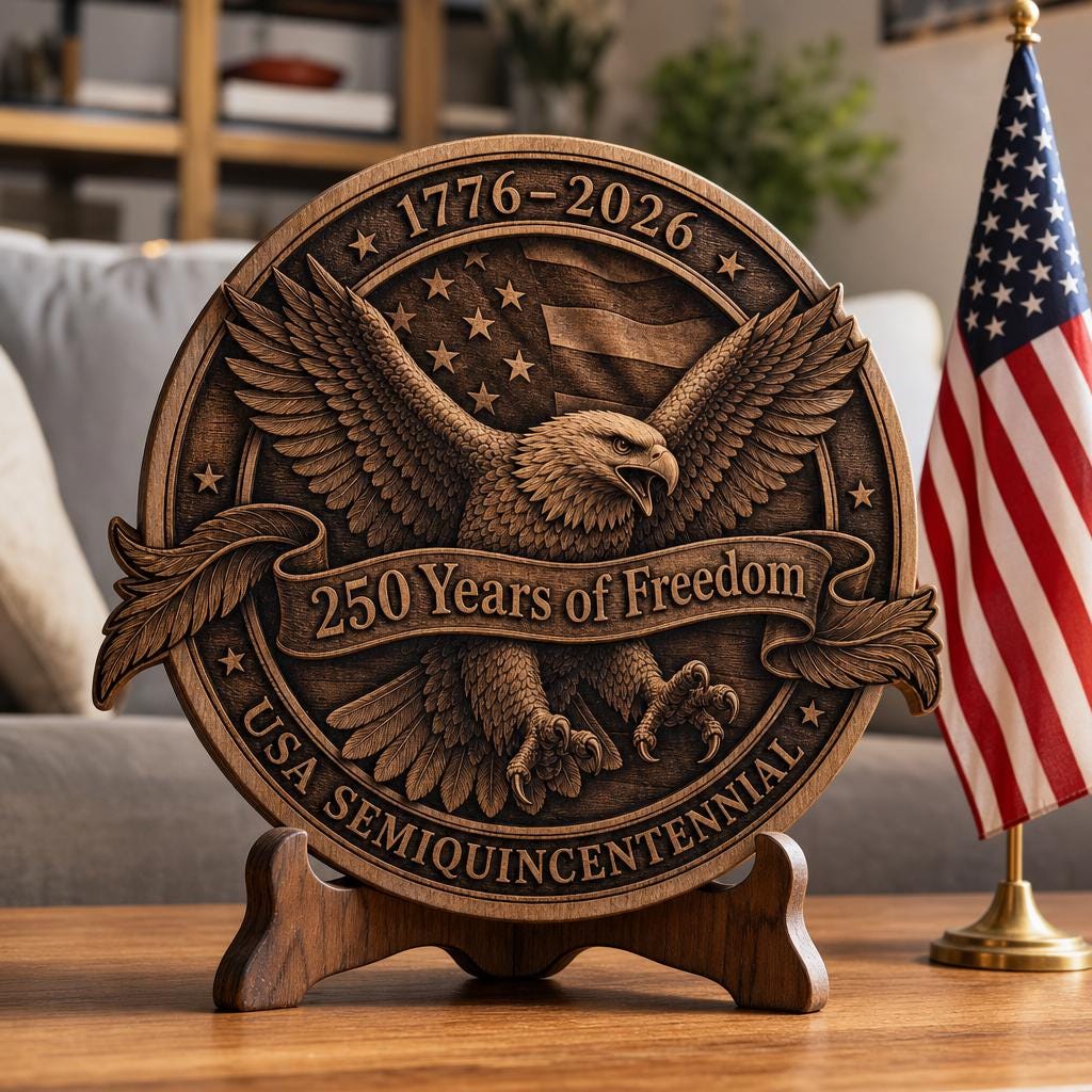 USA 250 Anniversary Guardian Eagle Laser Engraving, 3D Wood Plaque PNG