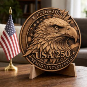 USA 250 Anniversary Guardian Eagle Laser Engraving, 3D Wood Plaque PNG