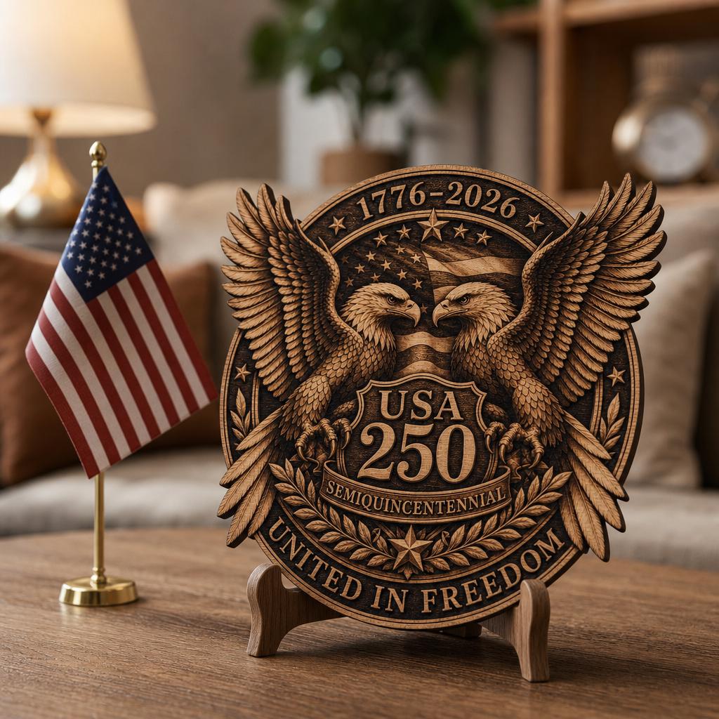 USA 250 Anniversary Guardian Eagle Laser Engraving, 3D Wood Plaque PNG