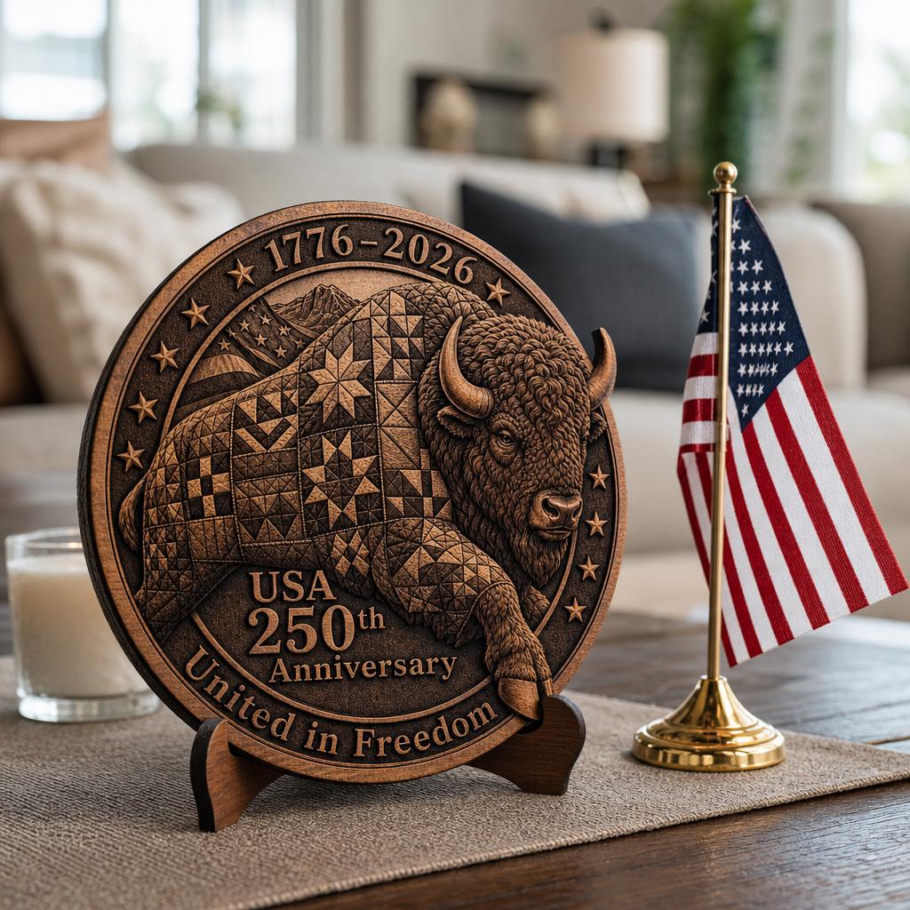 USA 250 Bison 3D Illusion Laser Engraving File, Americana Patriotic Wood Sign