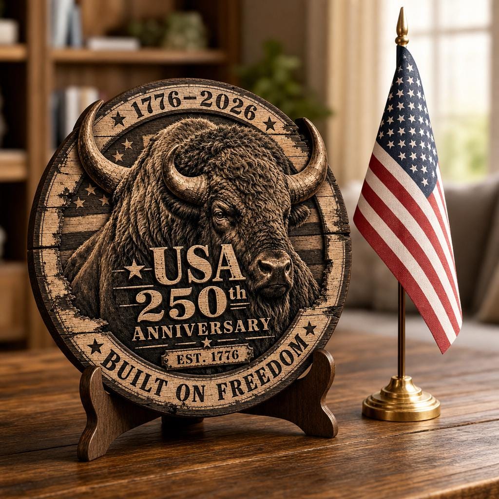 USA 250 Bison 3D Illusion Laser Engraving File, Americana Patriotic Wood Sign