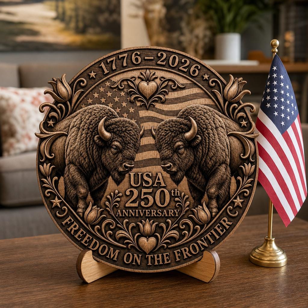 USA 250 Bison 3D Illusion Laser Engraving File, Americana Patriotic Wood Sign