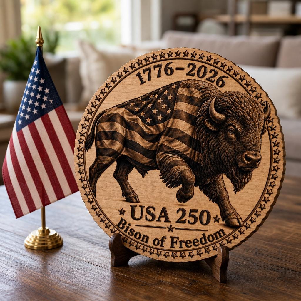 USA 250 Bison 3D Illusion Laser Engraving File, Americana Patriotic Wood Sign