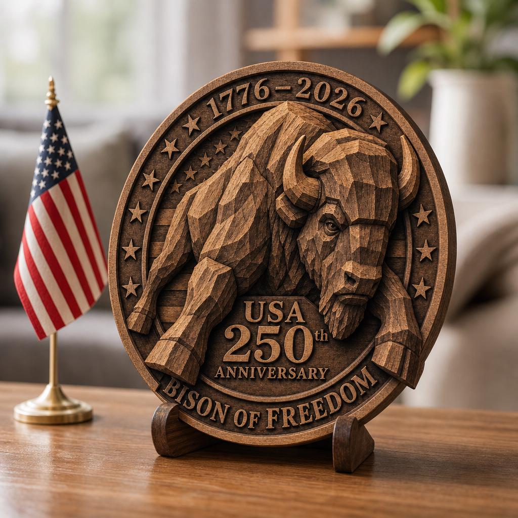 USA 250 Bison 3D Illusion Laser Engraving File, Americana Patriotic Wood Sign