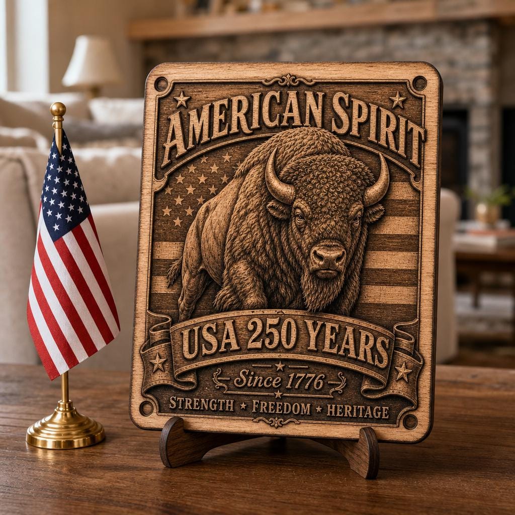 USA 250 Bison 3D Illusion Laser Engraving File, Americana Patriotic Wood Sign
