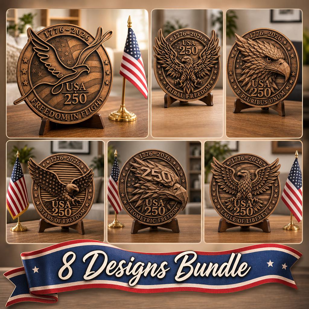 USA 250 Eagle Laser Engraving Design, Geometric 3D Patriotic Wood Sign Bundle