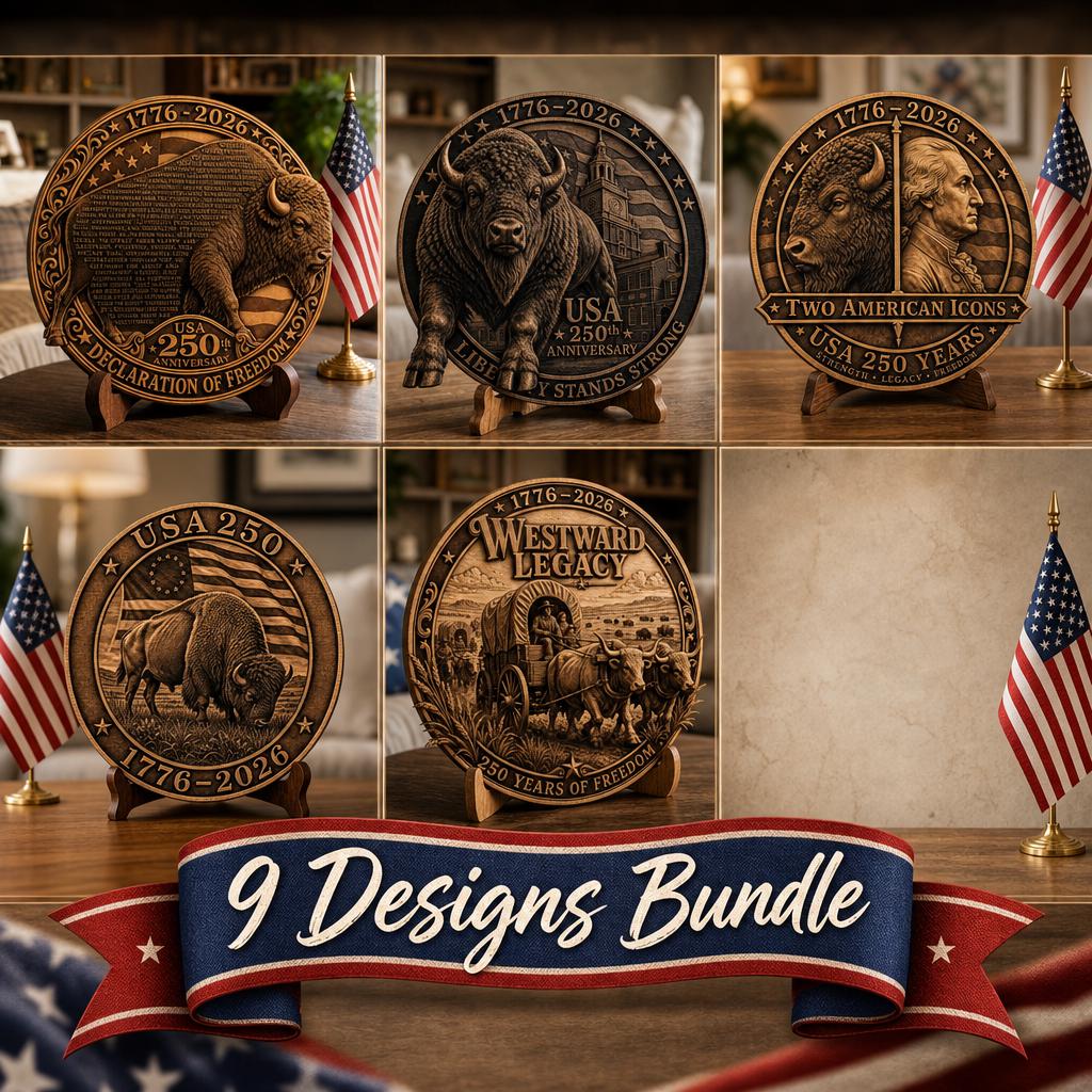 USA 250th American Bison Laser Engraving File, 3D Illusion Wood Sign Design