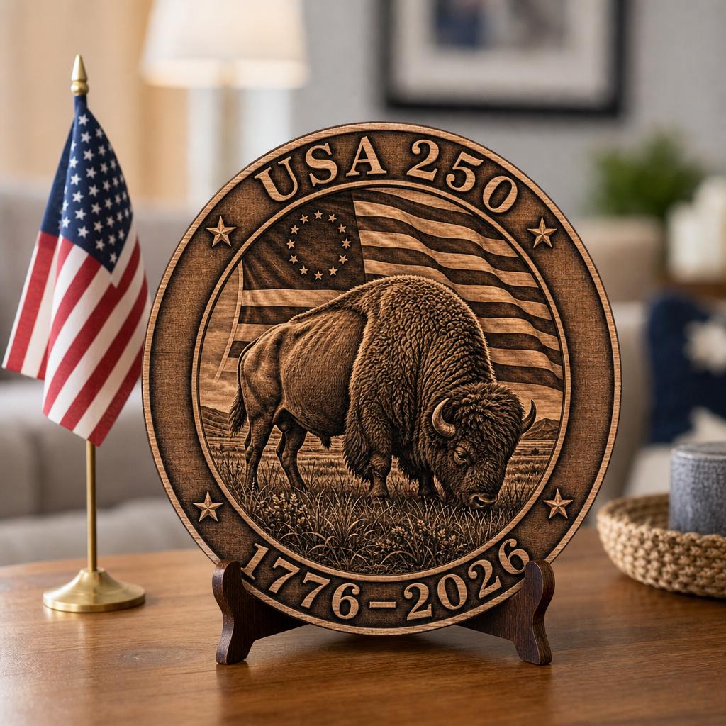 USA 250th American Bison Laser Engraving File, 3D Illusion Wood Sign Design