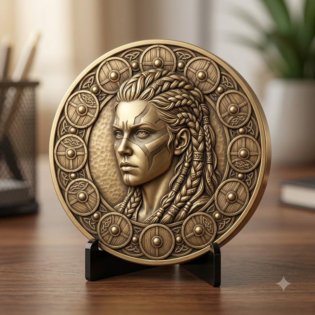 Viking Warrior Coin Laser Engraving File, Norse Shieldmaiden Relief Depth Map