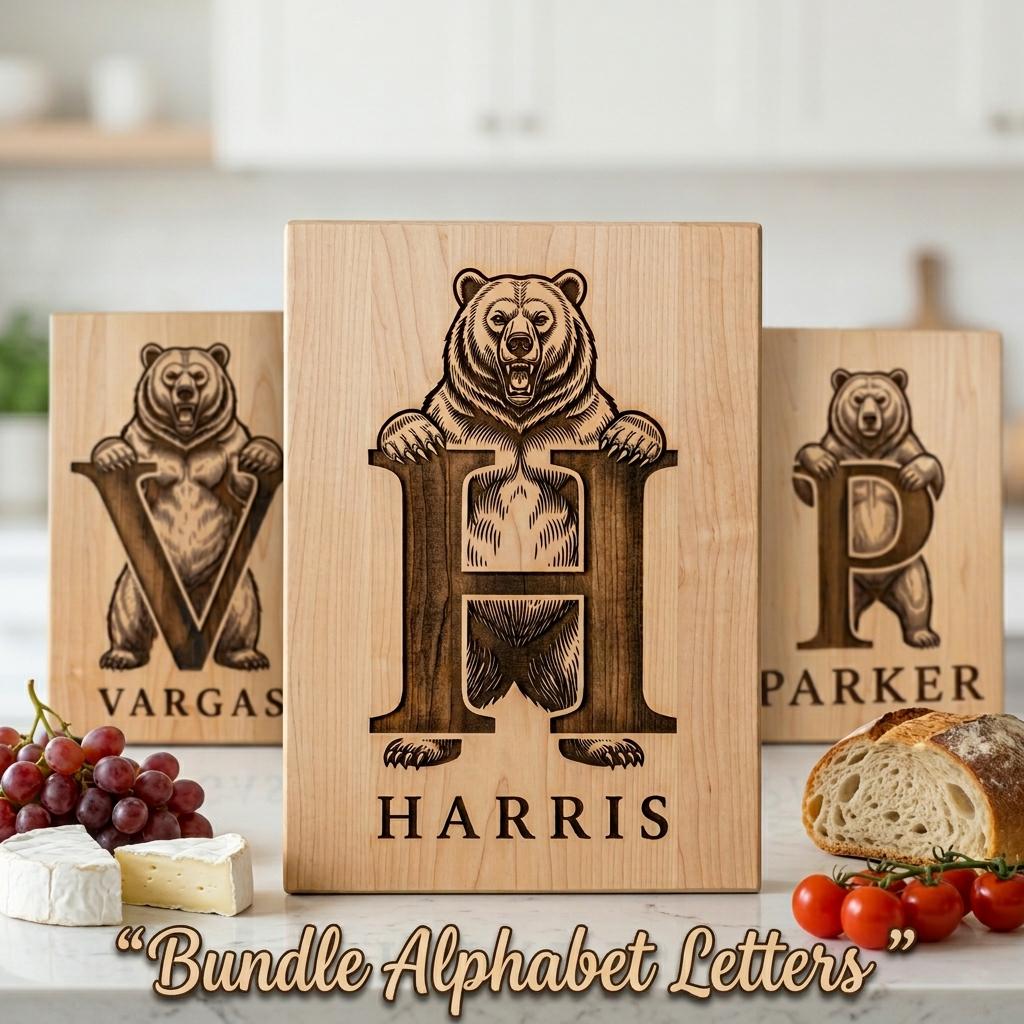 Vintage Bear Monogram, Custom Family Name Laser Engraving Design for Boards