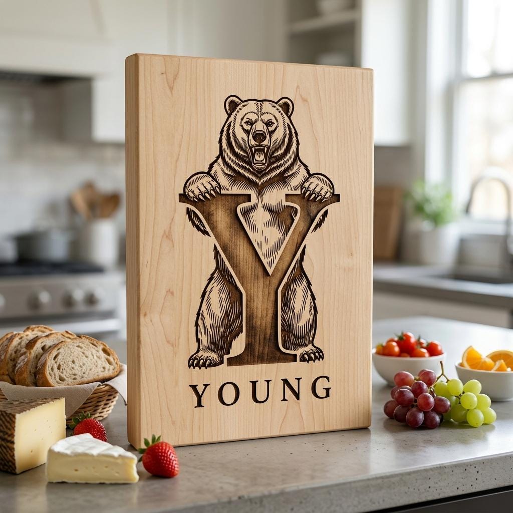 Vintage Bear Monogram, Custom Family Name Laser Engraving Design for Boards