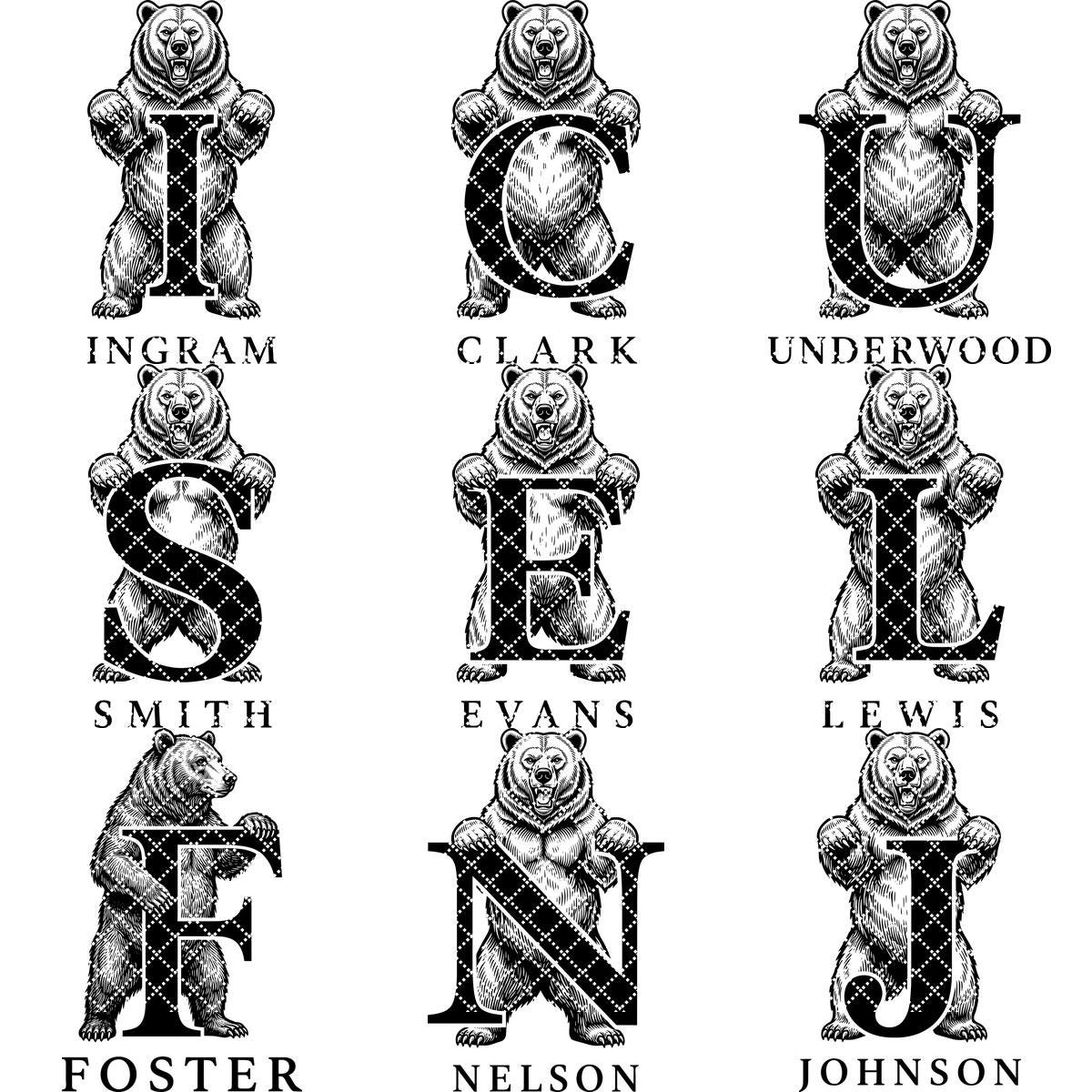Vintage Bear Monogram, Custom Family Name Laser Engraving Design for Boards
