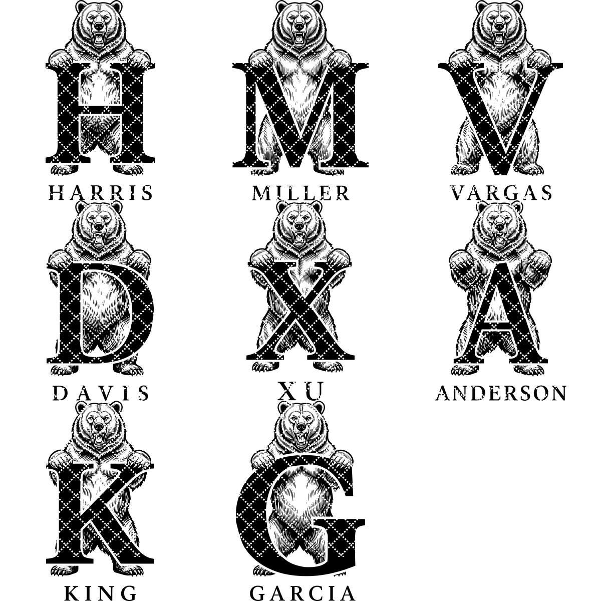 Vintage Bear Monogram, Custom Family Name Laser Engraving Design for Boards