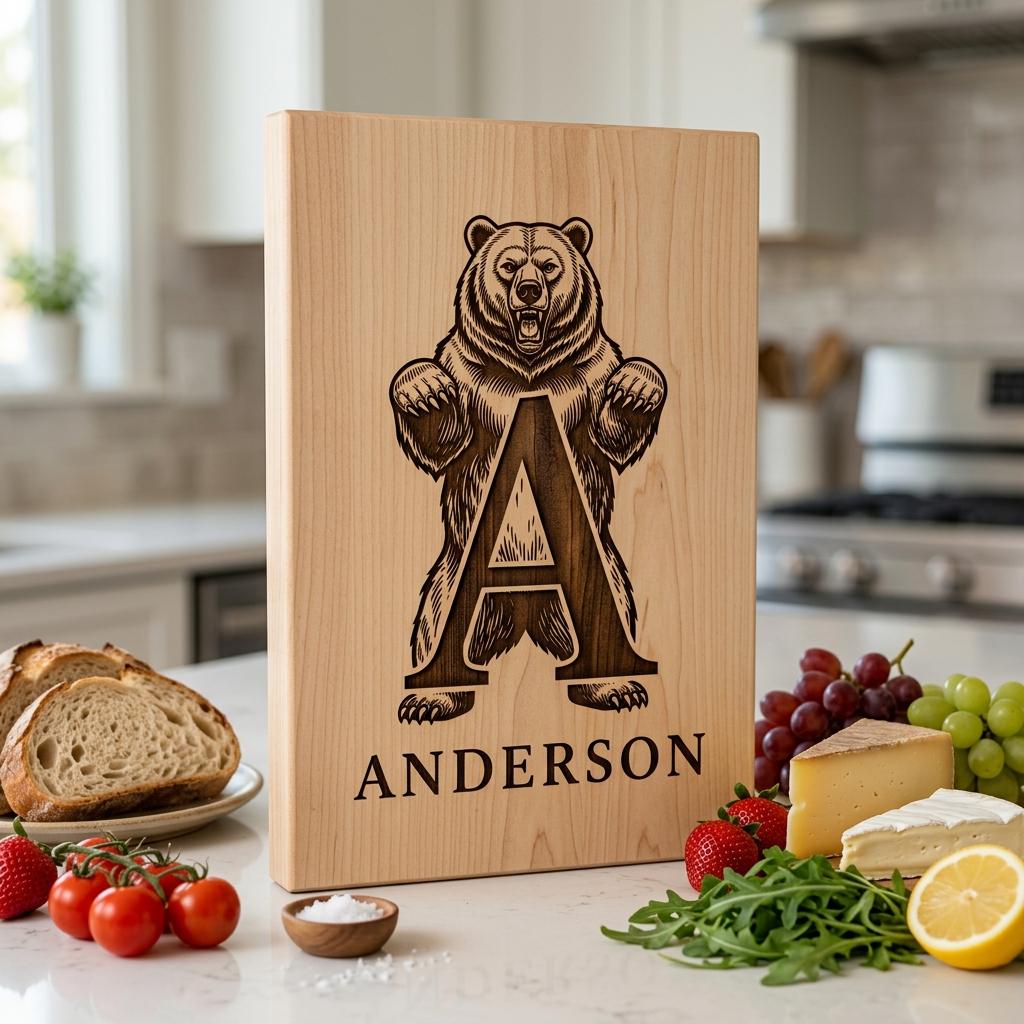 Vintage Bear Monogram, Custom Family Name Laser Engraving Design for Boards