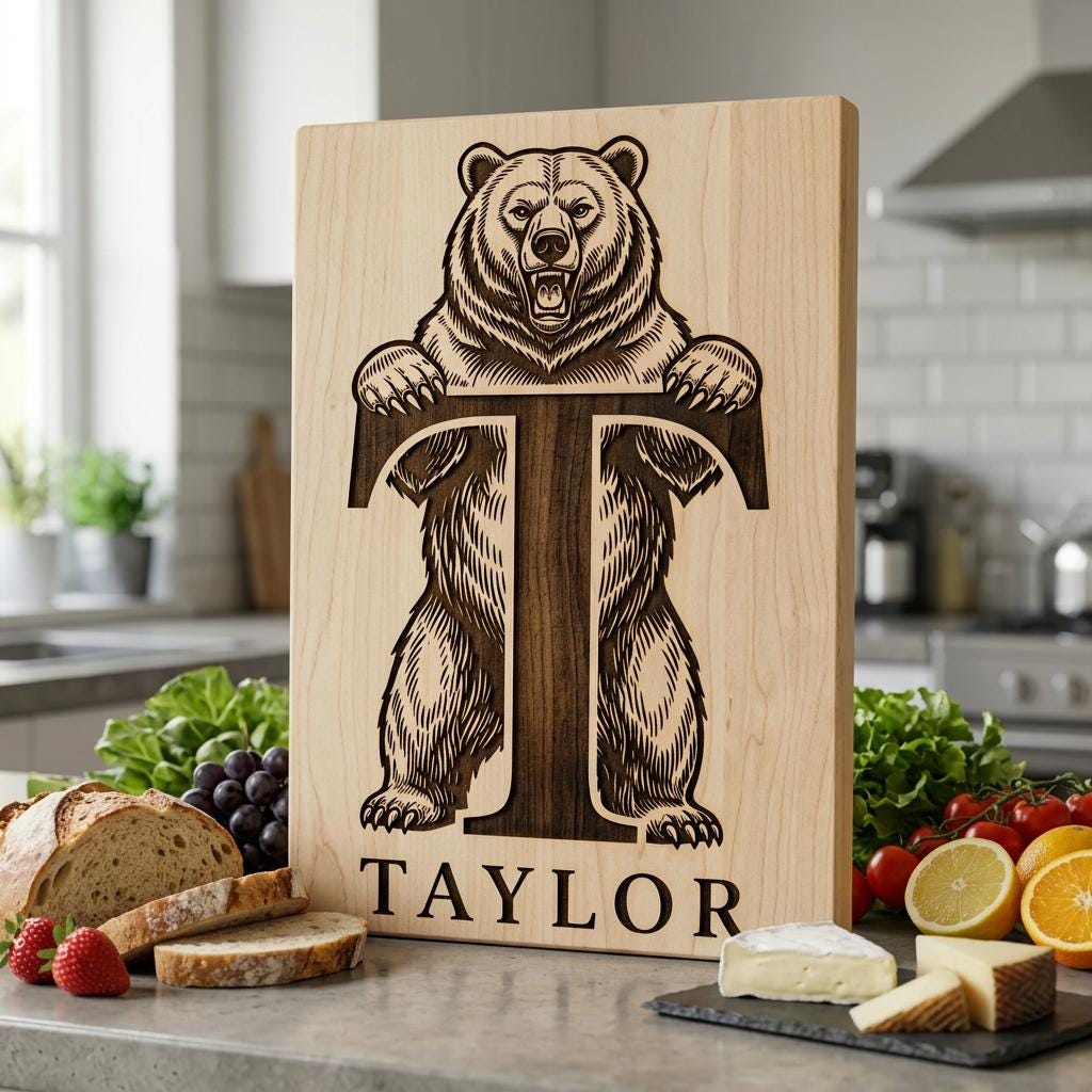 Vintage Bear Monogram, Custom Family Name Laser Engraving Design for Boards