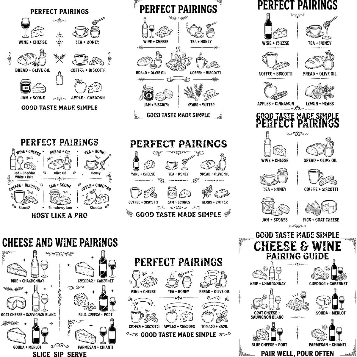 Vintage Pairing Chart, Charcuterie Board Engraving, Kitchen Hosting Guide