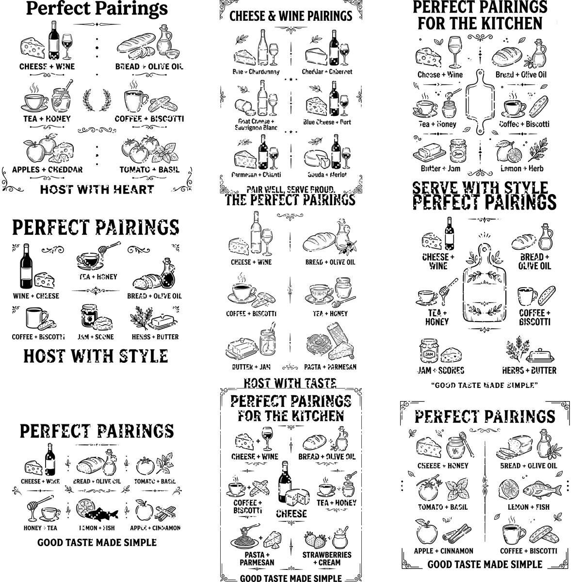 Vintage Pairing Chart, Charcuterie Board Engraving, Kitchen Hosting Guide