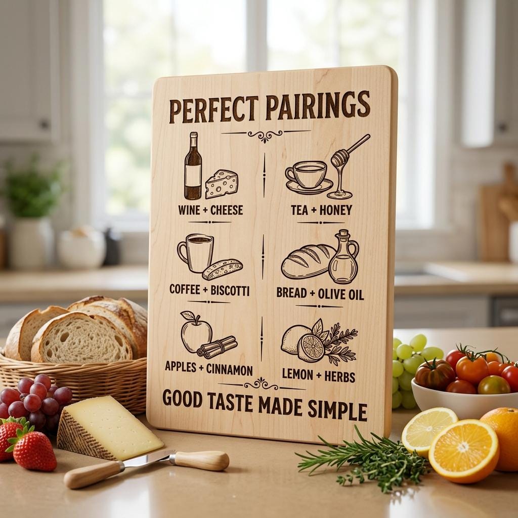 Vintage Pairing Chart, Charcuterie Board Engraving, Kitchen Hosting Guide