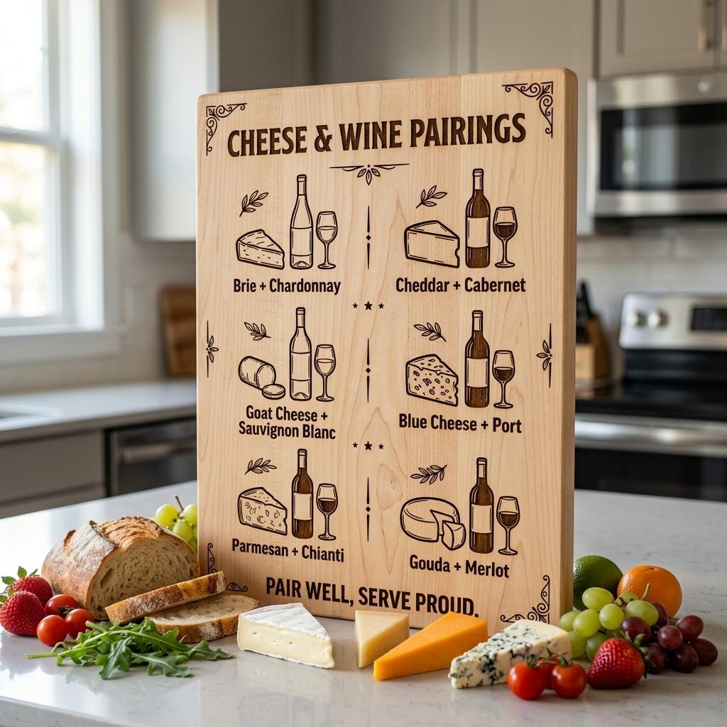 Vintage Pairing Chart, Charcuterie Board Engraving, Kitchen Hosting Guide